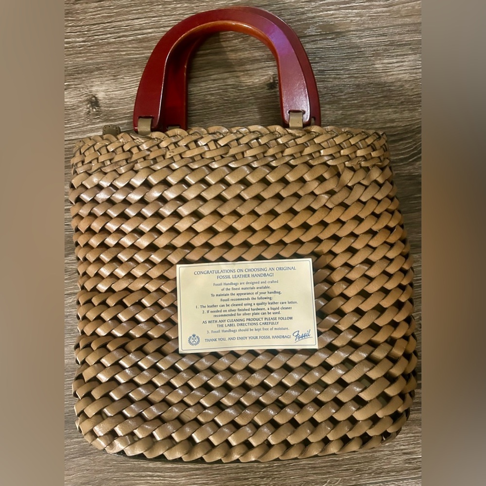 Fossil Vintage Brown  Woven Leather Purse Hand Bag With Wooden Handle Bohemian - Picture 3 of 10